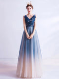 Blue V Neck Gradient Tulle Prom Dress with Beaded, Long A-Line Evening Dress HZ0429