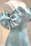 Blue Satin Long A-Line Prom Dress, Off the Shoulder Evening Dress HZ0429