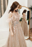 Champagne Tulle Sequins Long Formal Party Dresses, Off the Shoulder Prom Dresses HZ0429