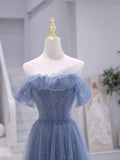 Blue Strapless Tulle Long Prom Dress, Blue A-Line Evening Dress HZ0429