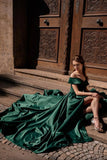 Green Satin Long A-Line Prom Dress, Off the Shoulder Evening Dress with Slit HZ0429