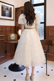 White Tulle Short Sleeve Prom Dress, Cute A-Line Evening Dress HZ0429