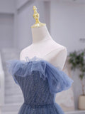 Blue Strapless Tulle Long Prom Dress, Blue A-Line Evening Dress HZ0429