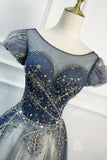 Blue Scoop Neckline Tulle Long Prom Dress, A-Line Evening Dress HZ0429