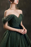 Beautiful Green Tulle Long Prom Dress, A-Line Off the Shoulder Graduation Dress HZ0429