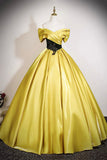 Yellow Satin and Black Lace Long Prom Dress, A-Line Off the Shoulder Party Dress HZ0429