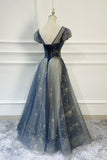 Blue Scoop Neckline Tulle Long Prom Dress, A-Line Evening Dress HZ0429