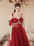 Dark Red Tulle Beaded Long Prom Dress, Beautiful Off the Shoulder Evening Party Dress HZ0429