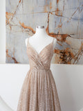 Champagne Spaghetti Strap Sequins Long Prom Dress, Shiny V-Neck Evening Dress HZ0429
