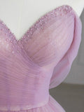 Beautiful Tulle Beaded Floor Length Prom Dress, Pink Off the Shoulder Evening Party Dress HZ0429