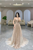 Gold Sparkle Sequins Long A-Line Prom Dress, V-Neck Evening Dress HZ0429