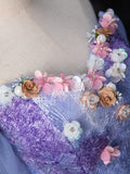 Dreamy Colorful Flowers Purple/blue Prom Dress, Fairy Off the Shoulder A-Line Princess Party Gown HZ0429