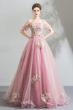 Pink Tulle Lace Long A-Line Prom Dresses, Pink Evening Dresses HZ0429