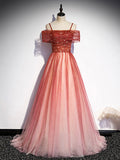 Burgundy Tulle Long Prom Dress, A-Line Off Shoulder Evening Dress HZ0429