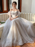 Gray Strapless Tulle Long Prom Dress, Lovely A-Line Evening Dress HZ0429