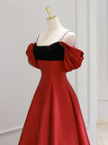 Burgundy Satin and Black Velvet Long Prom Dress, A-Line Spaghetti Strap Evening Party Dress HZ0429
