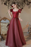 Burgundy Satin Tulle Long Prom Dress, A-Line Evening Dress HZ0429