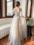 Gray Strapless Tulle Long Prom Dress, Lovely A-Line Evening Dress HZ0429