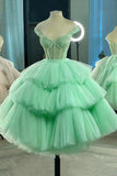 Green Tea Length Tulle Beaded Party Dress, Charming A-line Evening Graduation Dress HZ0429