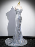 Silver Sequins Long Prom Dress, Mermaid Spaghetti Strap Evening Party Dress HZ0429
