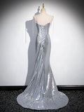 Silver Sequins Long Prom Dress, Mermaid Spaghetti Strap Evening Party Dress HZ0429