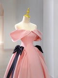 Pink Satin Floor Length Prom Dress, Off Shoulder Party Dress HZ0429