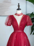 Burgundy Tulle Sequins Tea Length Prom Dress, A-Line Evening Party Dress HZ0429