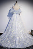 Blue Tulle Long Prom Dresses, Cute A-Line Evening Dresses HZ0429