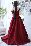 Burgundy Satin Long Prom Dresses, Cute Evening Dresses with Bow HZ0429