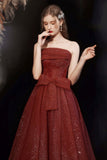 Sparkling Burgundy Tulle Long Prom Dress, A-Line Strapless Evening Party Dress HZ0429