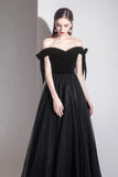 Black Tulle Off the Shoulder Prom Dress, Black A-Line Party Evening Dress HZ0429