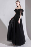 Black Tulle Off the Shoulder Prom Dress, Black A-Line Party Evening Dress HZ0429