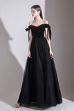 Black Tulle Off the Shoulder Prom Dress, Black A-Line Party Evening Dress HZ0429