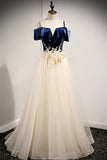 A-Line Off the Shoulder Long Prom Dresses, Champagne Evening Dresses HZ0429