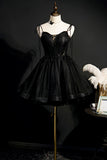 Black Tulle Short Prom Dress, Lovely A-Line Spaghetti Strap Party Dress HZ0429