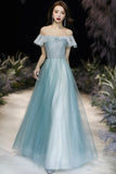 A-Line Tulle Long Prom Dress, Off the Shoulder Evening Dress HZ0429