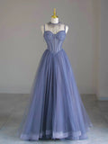 Blue Tulle Beaded Long Prom Dress, Beautiful Spaghetti Strap A-Line Evening Party Dress HZ0429