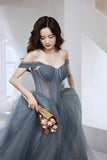 Gray Tulle Long A-Line Prom Dress, Off the Shoulder Formal Evening Dress HZ0429