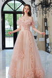 Sweet Pink Tulle Long Prom Dress, A-Line Off the Shoulder Evening Dress HZ0429