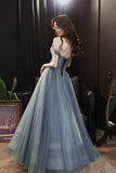 Gray Tulle Long A-Line Prom Dress, Off the Shoulder Formal Evening Dress HZ0429