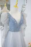 Cute V-Neck Tulle Beaded Long Prom Dress, Gray A-Line Evening Party Dress HZ0429
