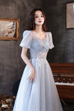 Blue Tulle Long  A-Line Formal Dresses, Shiny V-Neck Evening Dresses HZ0429