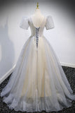 Grey V-Neck Tulle Beading Long Prom Dresses, A-Line Evening Dresses HZ0429