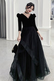 Black A-Line Long Sleeve Prom Dress, Black V-Neck Evening Dress HZ0429