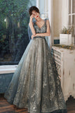 Gray V-Neck Tulle Sequins long Prom Dress, A-Line Evening Dress HZ0429