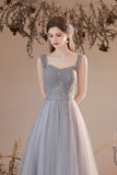 Gray Tulle Off the Shoulder Formal Dress, A-Line Evening Party Dress HZ0429