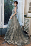 Gray V-Neck Tulle Sequins long Prom Dress, A-Line Evening Dress HZ0429