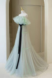 Green Tulle Floor Length Prom Dress, A-Line Off Shoulder Evening Dress HZ0429