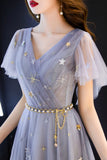 Blue Tulle Long A-Line Prom Dresses, V-Neck Evening Dresses HZ0429
