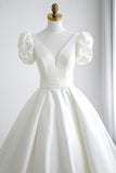 White V-Neck Satin Long Formal Dress, Wedding Formal Dress HZ0429